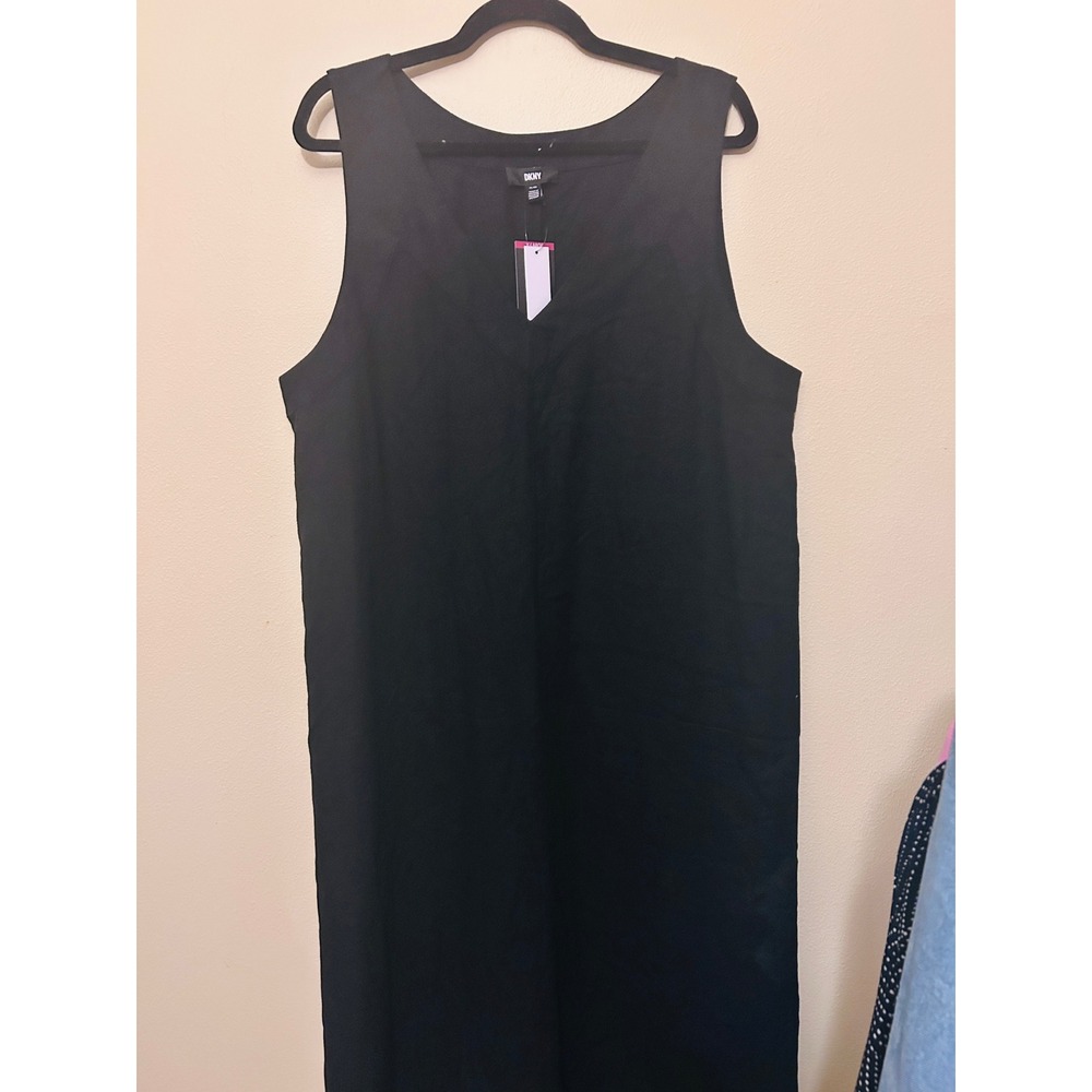 DKNY Maxi Dress Womens XL Black New Linen V-Neck Sleeveless P41C8FZK